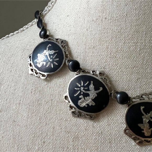 Vintage Ethnic Thai Siam Black Niello Sterling Silver Link Choker Necklace Dance - Picture 5 of 9